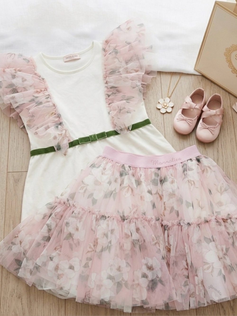 MonnaLisa Pink and White Floral Tulle Skirt Set